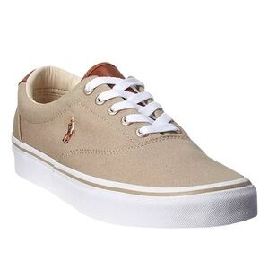 Polo Ralph Lauren Keaton Canvas Sneaker Tan w/ cognac leather embroidered polo